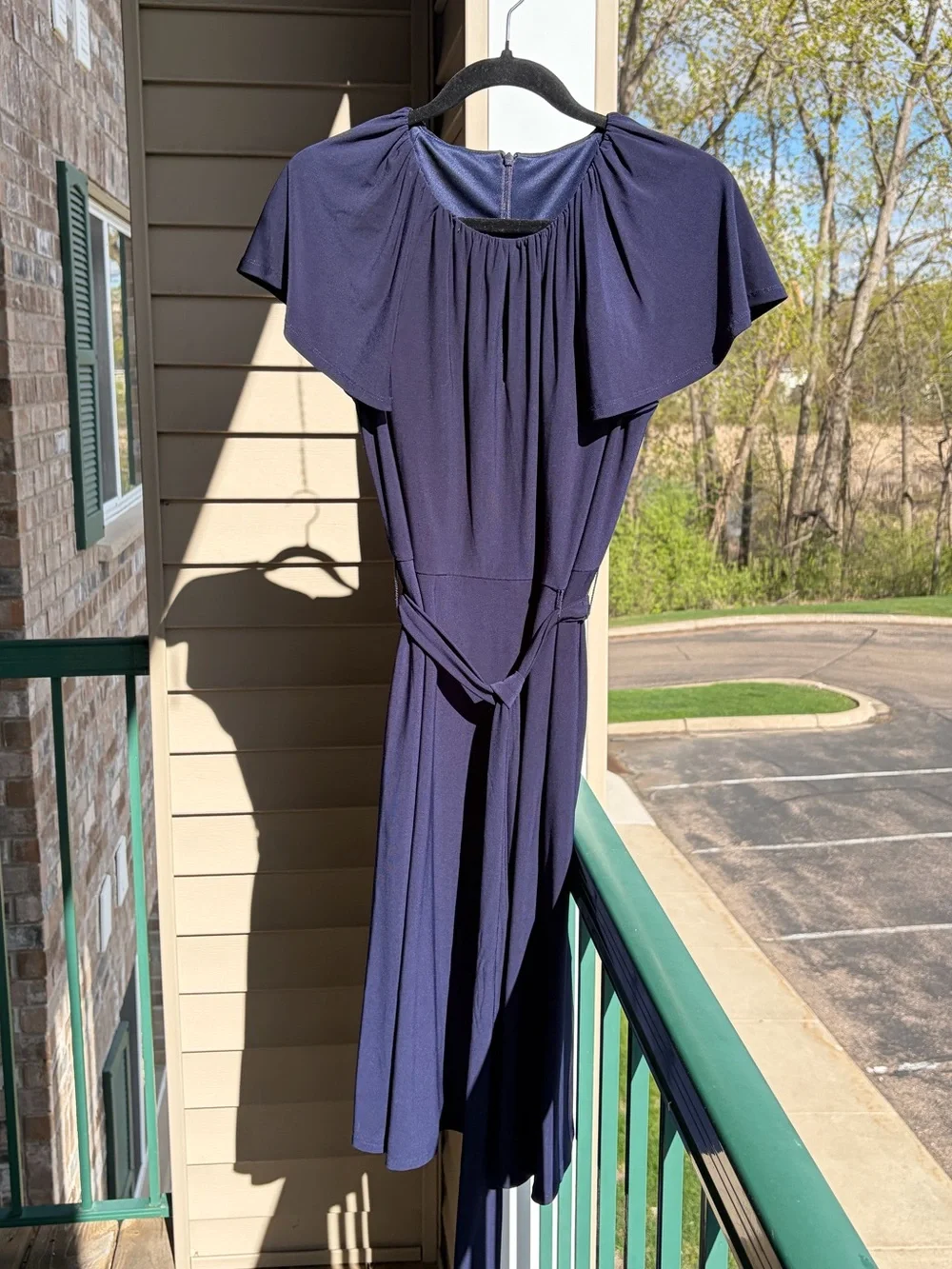 🆕🫐 Jessica Howard Navy Blue Fit & Flare Dress Petite 12P Tie Waist Office Midi - Picture 3 of 17